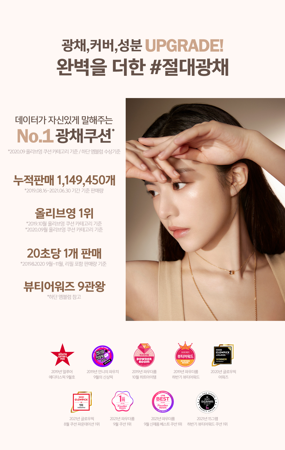 광채, 커버, 성분 UPGRADE! 완벽을 더한 #절대광채 - 데이터가 자신있게 말해주는 No.1 광채쿠션 (*2020.09 올리브영 쿠션 카테고리 기준 / 하단 엠블럼 수상기준)